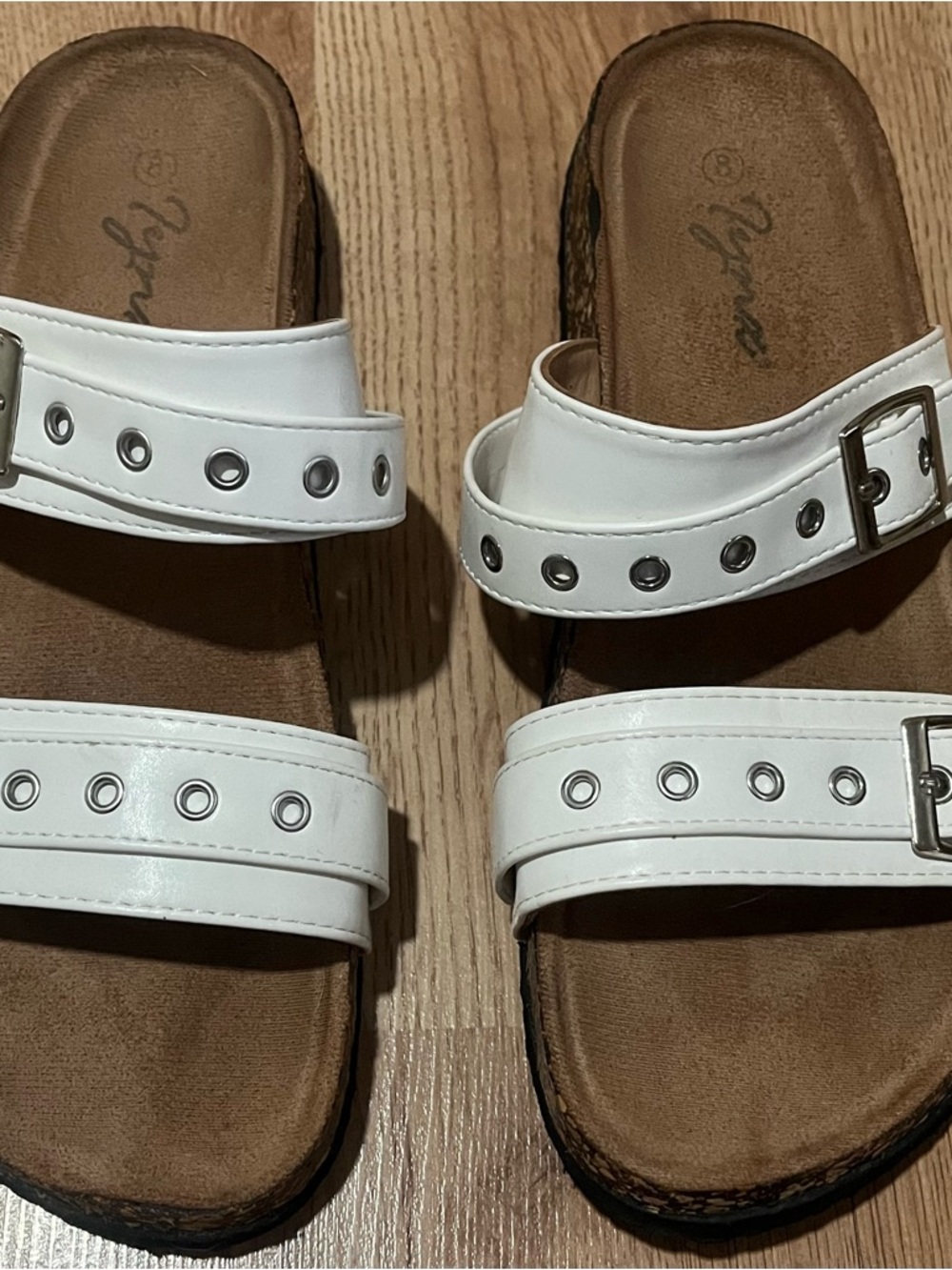 White Double-Strap Grommet Slide Sandals